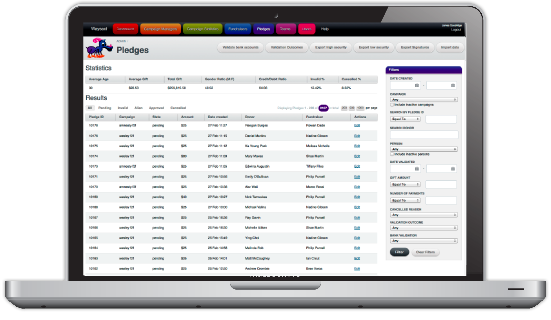 The pledge screen shows the stats, the pledge status and provides an extensive set of filters